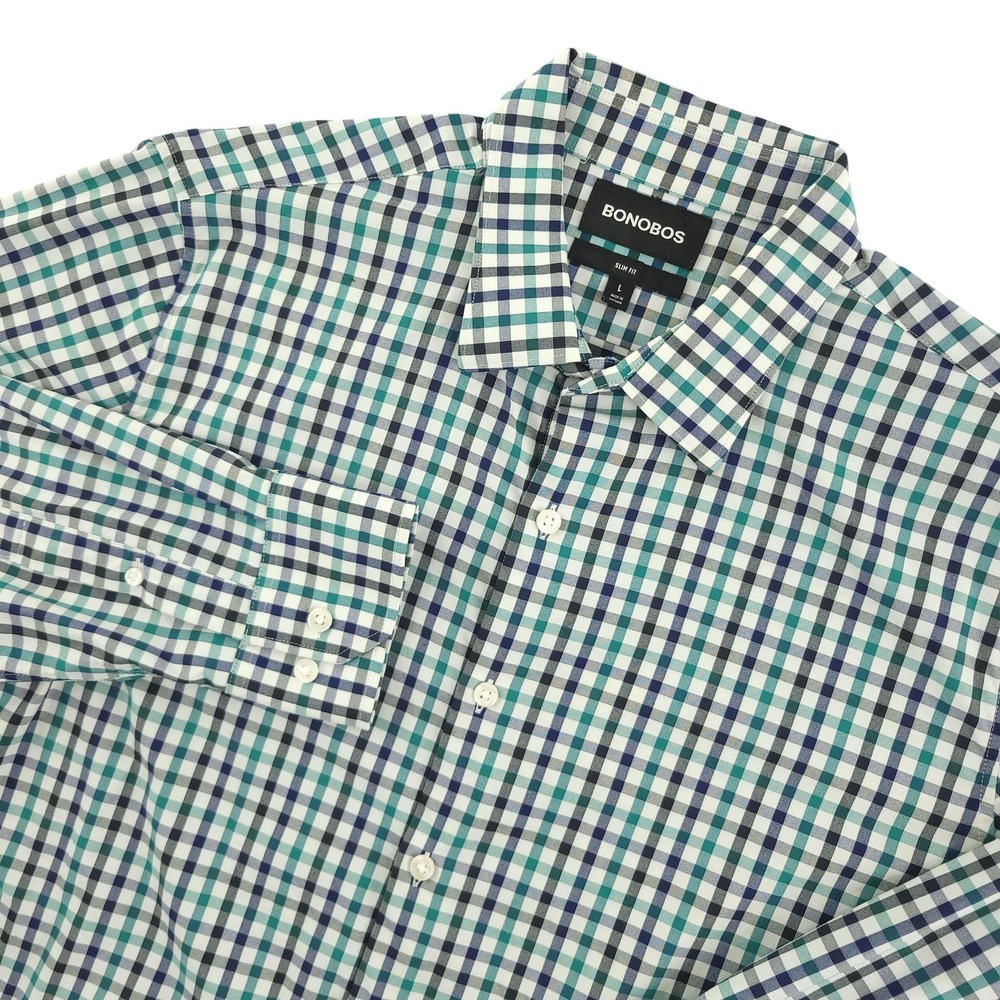 Bonobos Shirt Mens L Blue Check Long Sleeve Button Up Slim Fit Stretch Casual